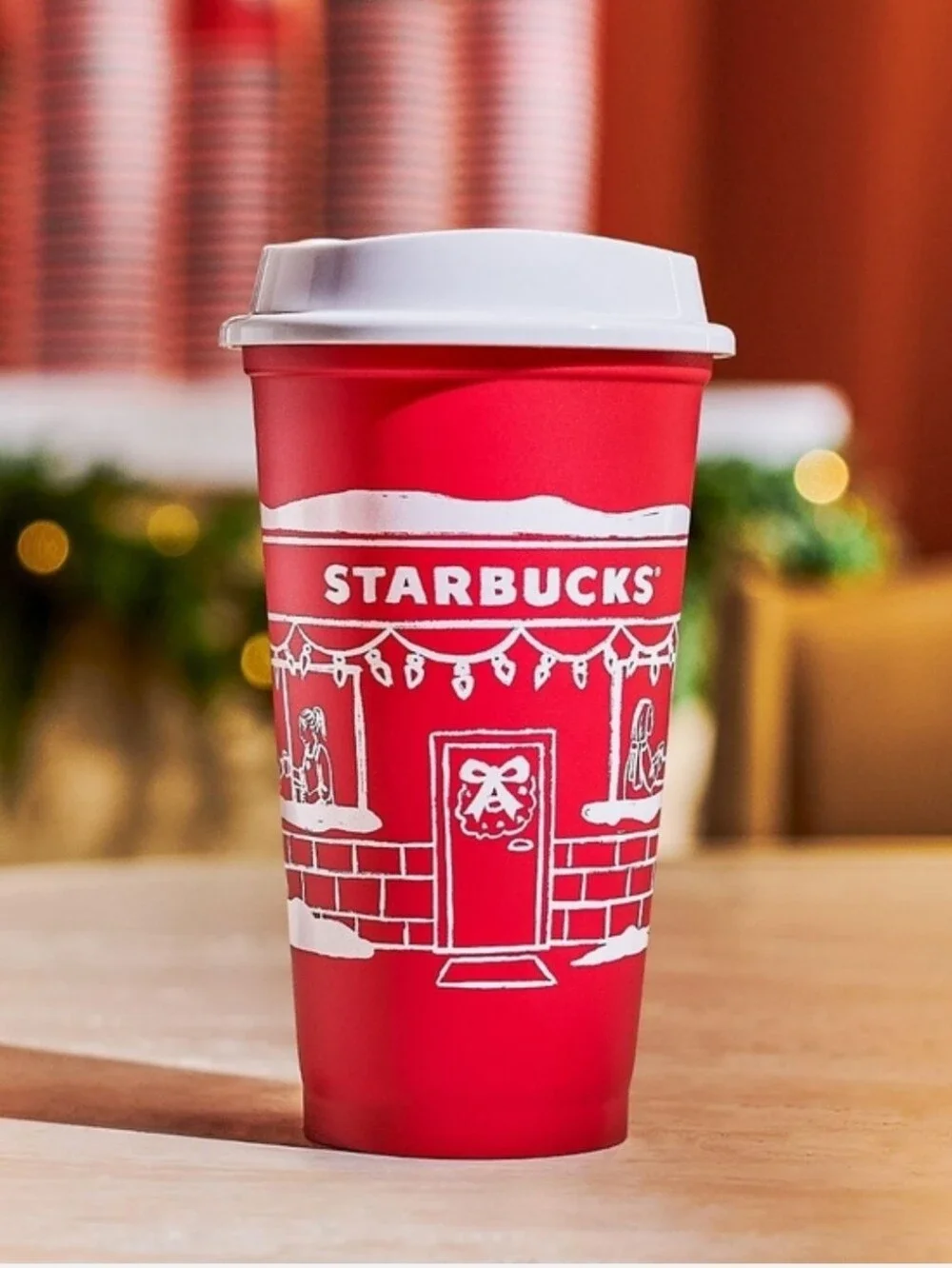 NEW-Starbucks Red and White Holiday Reusable Cup w/SB inspired pen